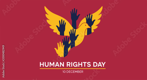 Celebration of Human Rights Day with diverse hands raised in unity and colorful wings on a vibrant red background