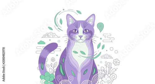 vector illustration of a purple cat with floral elements