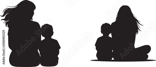 Black Silhouette Vector Illustration of a Mother and Son Sitting Together Viewed from Behind