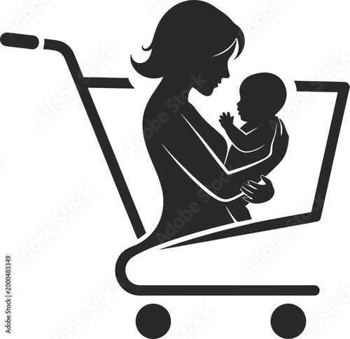 Stylized vector graphic illustration silhouette of a mother holding her baby inside a shopping cart