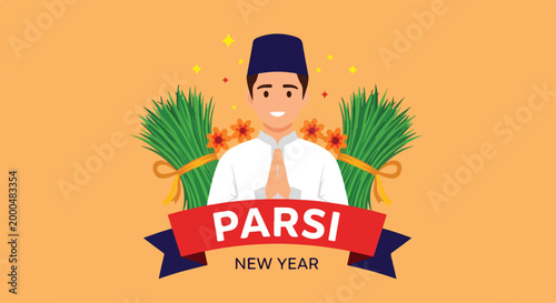 Festive New Year celebration with a cheerful man wearing traditional attire and colorful decorations for the holiday