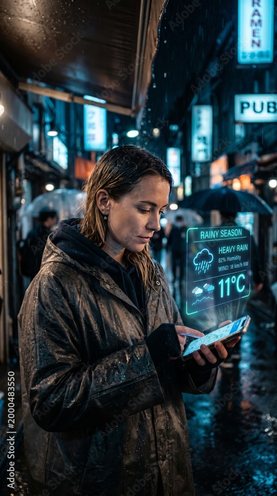 Fototapeta premium Rainy evening in the city woman using smartphone urban alley digital art night view technology concept