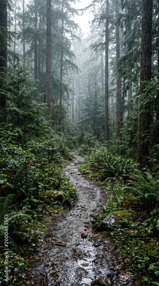 Obraz premium Serene forest path adventure enchanted woodland photography misty environment natural landscape concept