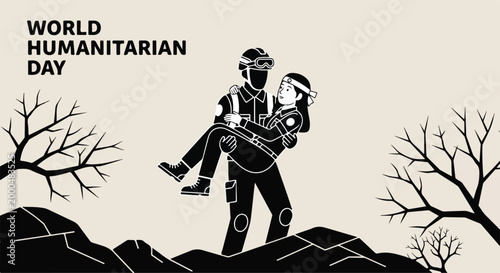 Silhouette of a firefighter carrying a child during humanitarian aid effort on World Humanitarian Day in a stark