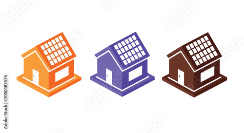 Set of three colorful house icons in orange purple and brown with solar panels on rooftops representing eco-friendly