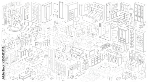Collection of furniture and home decor line art icons isometric interior design elements including sofas, beds, tables, chairs, cabinets, and lamps