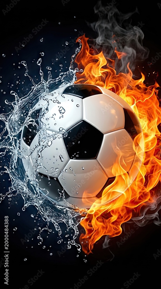 Naklejka premium Soccer ball split between elemental forces featuring splashing water on the left and burning orange flames on the right