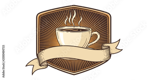 Vintage Coffee Cup Emblem with Ribbon Banner
