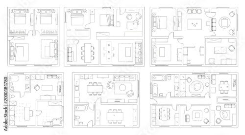 Architectural floor plan collection featuring various residential layouts with furniture, including living areas, bedrooms, and bathrooms