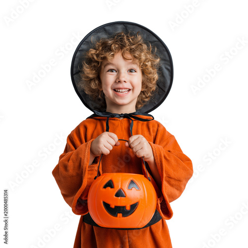 Two cute little boys in Halloween costumes, witch and wizard, sharing a pumpkin bucket isolated on white isolated on transparent or white background, png