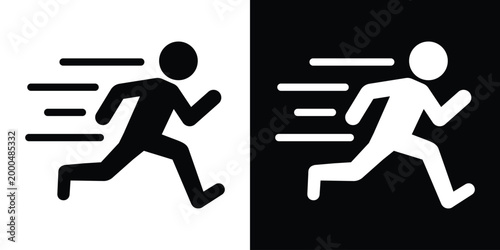 Icon of a person sprinting with motion lines indicating high speed. Symbolizes urgency, fast pace, intense athletics, or rapid movement. Professional black and white vector illustration for UI design.