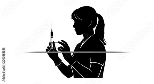 Silhouette of a female medical professional preparing a syringe injection.