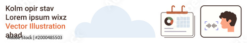 Data storage, voice recognition, scheduling tools, analytics, cloud services, personal security. Minimal icons of cloud, calendar with analytics graph and speech recognition. Data storage and voice