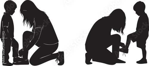 Black Silhouette Vector Illustration of a Mother Kneeling Down to Help her Young Son Tie his Shoes