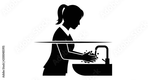 Black and white silhouette illustration of a woman washing her hands in a sink.