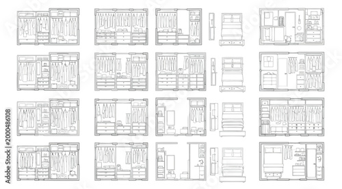 Set of wardrobe and closet interior design floor plans and elevations