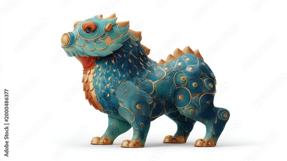 Naklejka premium Ornate Teal and Gold Mythical Guardian with Intricate Swirl Patterns