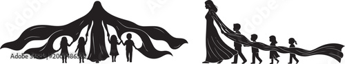 Artistic Black Silhouette Vector of a Mother and Children with Elegant Flowing Fabric Ribbons Creating Arches