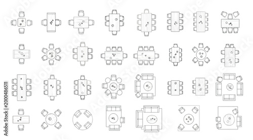 Top view of dining table and chair sets for interior floor plans
