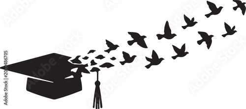 Graduation cap turning into birds flying, creative silhouette
