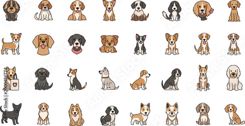 Vector Set of Cute Cartoon Dogs, Various Breeds Including Beagle, Poodle, Bulldog, and Dachshund in Fun Illustrations