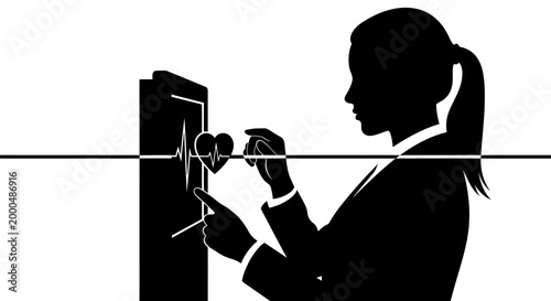 Silhouette of a businesswoman interacting with a digital heart rate monitor interface.