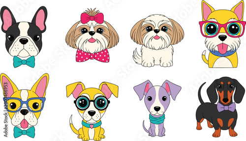 Vector Set of Cute Cartoon Dogs Wearing Glasses and Bowties, Fun Illustrated Breeds with Accessories
