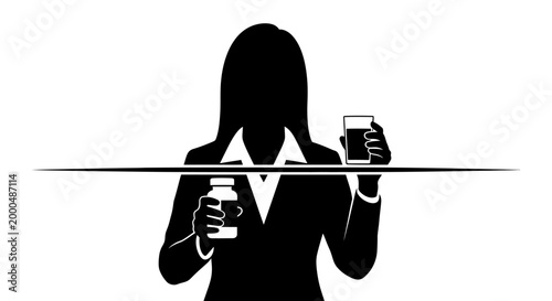 Silhouette of a businesswoman holding a medicine bottle and a glass of water.