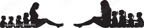Black Silhouette Vector of a Mother Sitting on the Ground with a Row of Young Children Sitting Behind Her Isolated on White