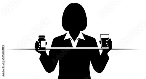 Silhouette of a businesswoman holding a medicine bottle and a glass of water.