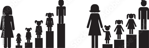Black Silhouette Vector of a Mother Standing next to Children of Different Heights on Pedestals Representing Growth Stages and Progress Isolated on White