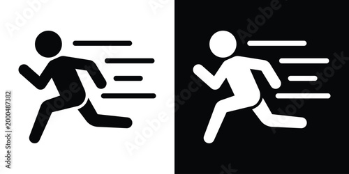 Icon of a person sprinting with motion lines indicating high speed. Symbolizes urgency, fast pace, intense athletics, or rapid movement. Professional black and white vector illustration for UI design.