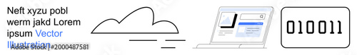 Cloud technology, data visualization, digital storage, web interface, programming, IT services. A cloud icon, laptop interface and binary code symbols. Cloud technology and data visualization topic