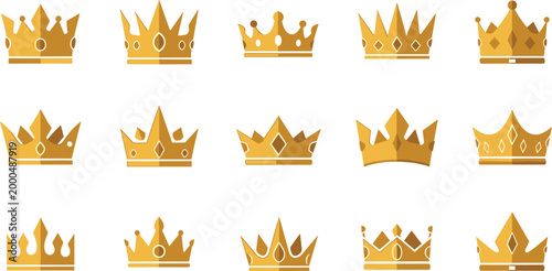 Vector Set of Minimalist Gold Crowns, Simple Crown Designs with Geometric Shapes and Elegant Royal Headpieces