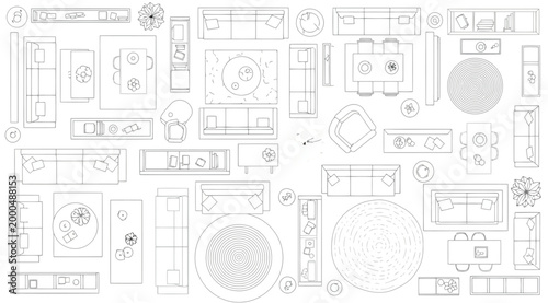 Modern furniture top view set for interior floor plan design vector collection of sofas, tables, chairs, rugs, and plants