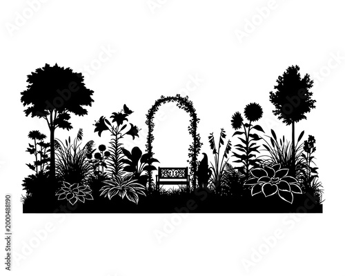 Black and white silhouette of a garden with an archway and bench