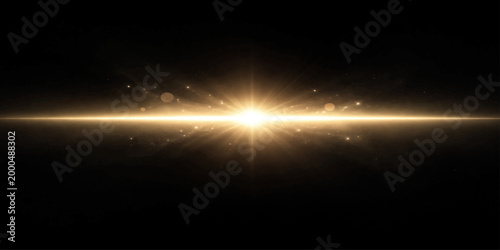 Bright sun rising over the horizon with glowing light rays and clouds in a blue sky scene