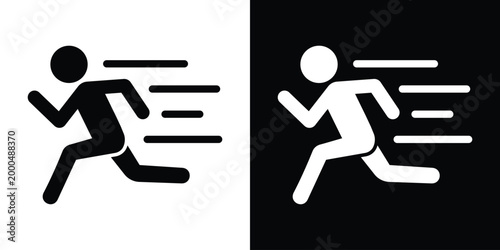 Icon of a person sprinting with motion lines indicating high speed. Symbolizes urgency, fast pace, intense athletics, or rapid movement. Professional black and white vector illustration for UI design.