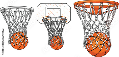Basketball Hoop and Ball Vector Illustration Set with Net and Backboard for Sports Tournament Branding, Coaching Clinics, Athletic League Promotions, and Gym Facility Graphic Designs