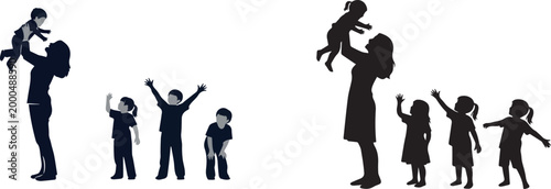 Silhouette Vector of Two Separate Groups of a Mother Standing and Holding an Infant High with Other Young Children Playfully Reaching Up isolated
