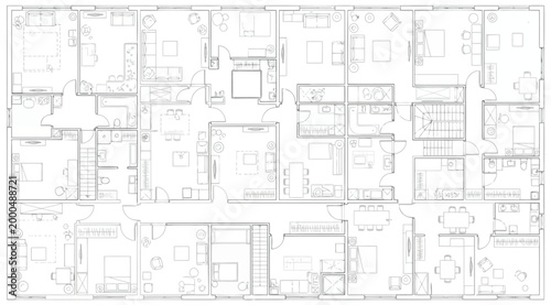 Detailed architectural floor plan of a large residential apartment complex with multiple units