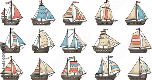 Sailboat Collection with Colorful Sails and Flags for Maritime, Nautical, and Travel Illustrations