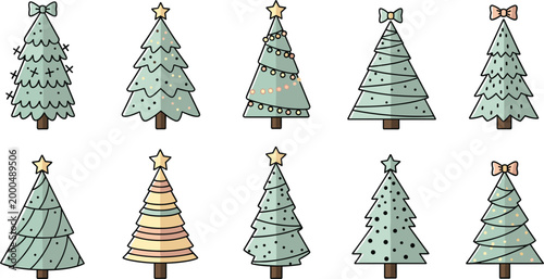 Christmas Tree Collection with Star, Bow, and Light Decorations for Festive Holiday Illustrations