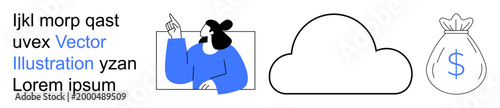 Digital marketing, cloud computing, financial growth, presentation skills, knowledge sharing, business strategy. A person in a frame, cloud graphic money bag symbol. Cloud computing and financial