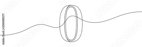 Continuous one line drawing of number zero with wavy horizontal line minimalist black white art. Editable stroke outline. Single contour art. Doodle hand drawn vector illustration