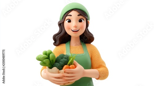Radiant 3D Grocer Girl Proudly Presents a Bounty of Fresh Garden Vegetables