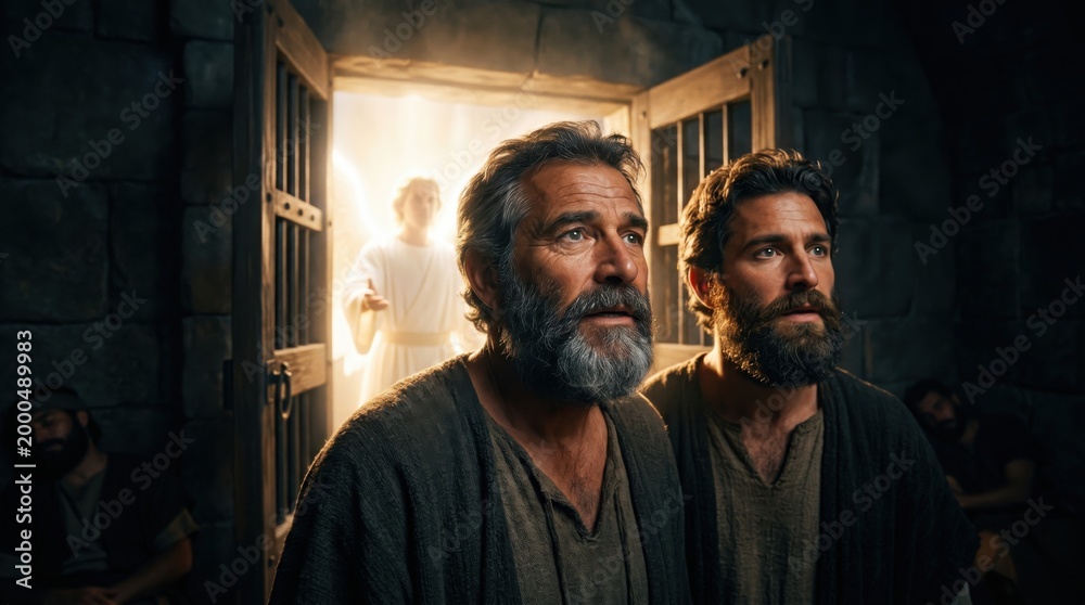 Fototapeta premium Angel releasing apostles from prison. Biblical scene from Acts of the Apostles. Divine shining figure freeing disciples from dark dungeon. Religious historical illustration of miracle.