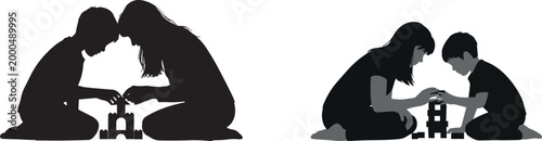 Black Silhouette Vector Illustration of mother  Children Kneeling and Playing with Building Blocks Isolated on White Background
