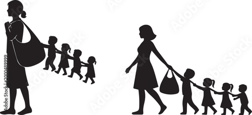 Silhouette Vector of a Mother Carrying a Bag with a Row of Children Holding on and Walking Behind Isolated on White Background