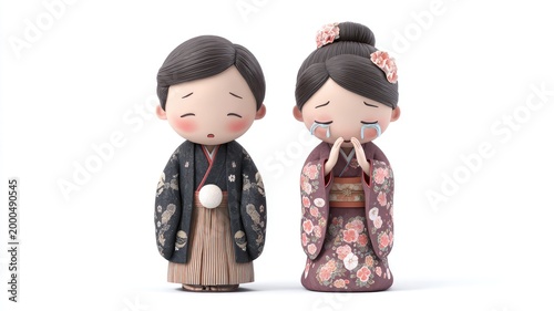 Sad Japanese Kimono Dolls: Pensive Boy and Crying Girl on White